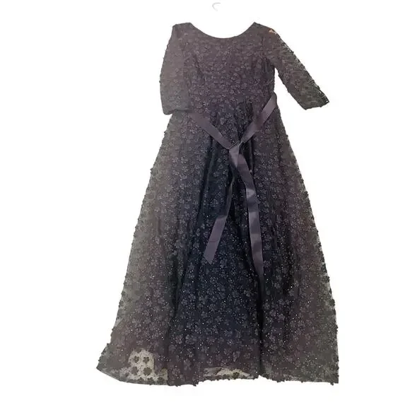 Tahari Floral Appliqué Sequin Three Quarter Sleeve Maxi Dress Size 12 Navy - Picture 4 of 9